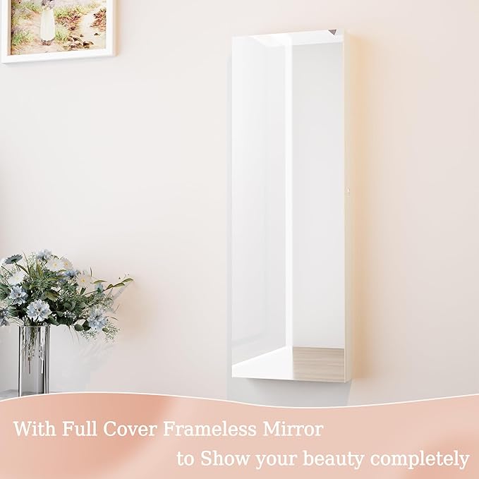 Unisakey Mirror Jewelry Cabinet,Lockable Wall or Door Mounted Jewelry Armoire Organizer With Built-up Mirror,LED Lights, Drawers,Cosmetic Trays,Shelves, 14.4"x3.15"x 43.1"(White)
