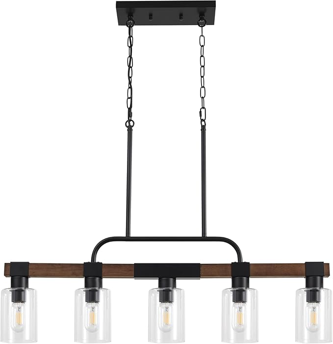 Farmhouse Dining Room Light Fixtures Over Table,Rustic Ceiling Pendant Lights Kitchen Island,5-Light Wood Kitchen Island Lighting Linear Chandelier with Clear Glass lampshade