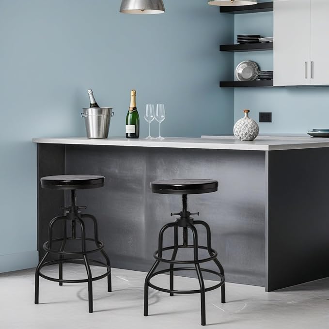 LOKKHAN Vintage Industrial Bar Stool-Rustic Swivel Bar Stool-Round Walnut Wood Metal Stool-Counter/Bar Height Adjustable Pipe Stool-Cast Steel Stool 23.62"-29.52" (Set of 2)