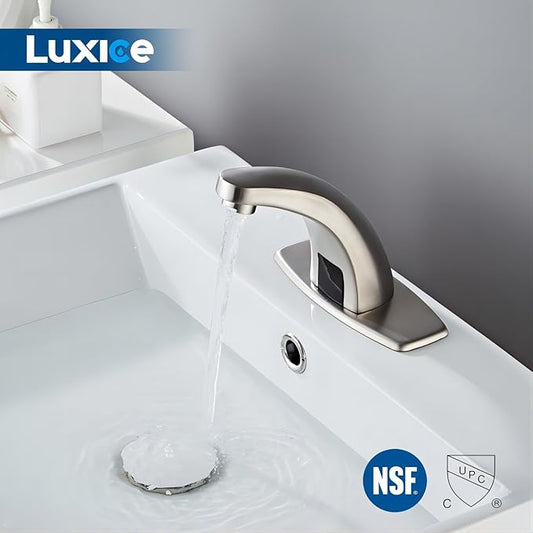 Brushed Nickel Touchless Bathroom Sink Faucet, Battery Operated Automatic Motion Sensor Hands Free Commercial Faucets with Hot & Cold Temperature Mixing Valve