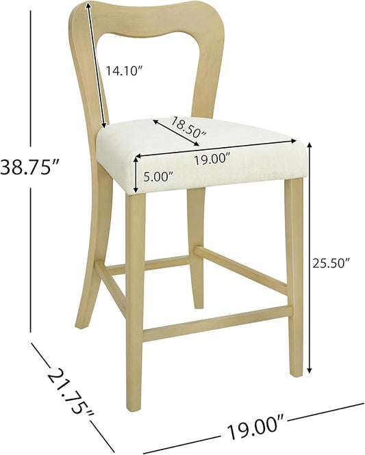 Counter Stools Without Arms Set of 2 (Light Ash + Beige) - Solid Rubberwood Frame & Fabric Seat, Ergonomic Curved Back, 300LBS Capacity for Kitchen Island, Dining Room, Home Bar