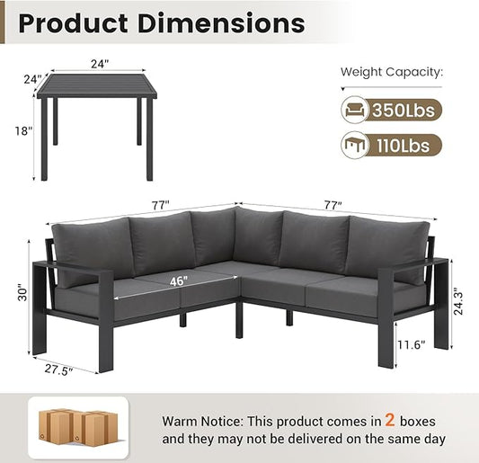 UDPATIO 6 Piece Patio Furniture Set, Metal Outdoor Sectional Sofa with 6" Thick Olefin Cushions, Wide Armrest & Coffee Table, L Shaped Outdoor Furniture for Garden, Backyard Dark Grey