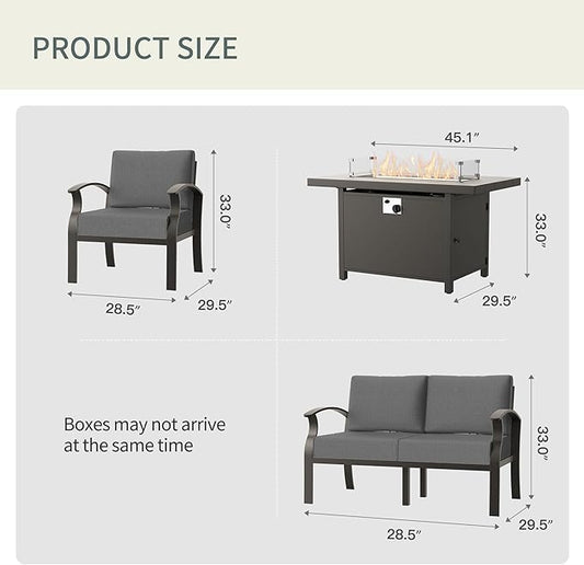 Metal Outdoor Patio Furniture Set for 8,Aluminum Patio Sectional Set w/Propane Fire Pit Table,Outside Furniture w/Removable Sponge Cushion for Porch, Balcony, Yard,Gray