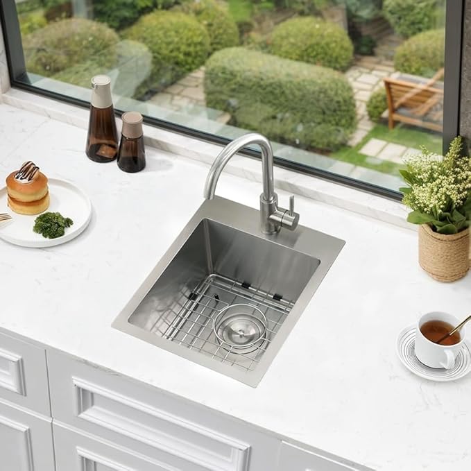 Hotis 15x15 Inch Drop In Bar Sink, Brushed Nickel Stainless Steel Topmount Small RV Kitchen Sinks, Wet Bar Sink For Outdoor, RV, and Outdoor Yard with Dish Grid and Basket Strainer