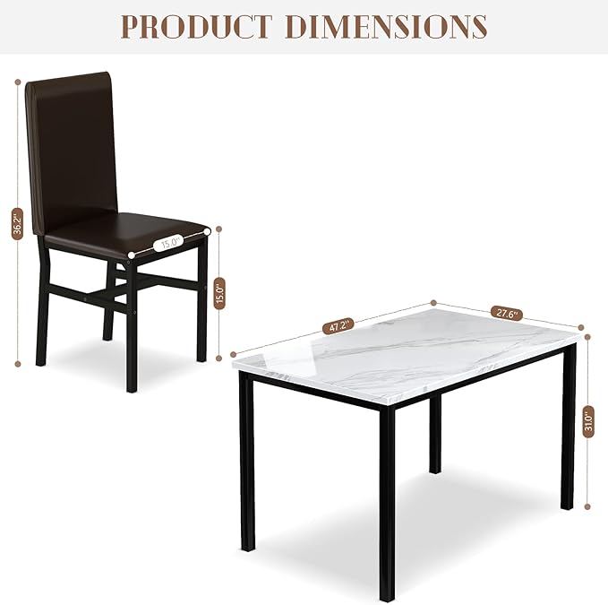 AWQM 5 Piece Dinning Table Sets for 4, Marble Kitchen Table and Chairs for 4,Dining Room Table Set with PU Leather Chairs,Faux Marble Dining Set for Small Spaces,Living Room,White+Brown