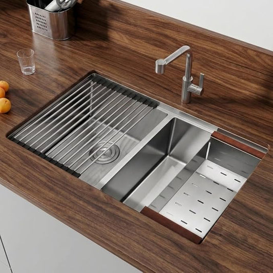LQS Kitchen Sink Stainless Steel, Undermount Kitchen Sink 32 Inch, 50/50 Double Bowl True 16 Gauge Stainless Steel Handmade with Abundant Accessories, R10 Round Corner and 10” Depth for Large Kitchen