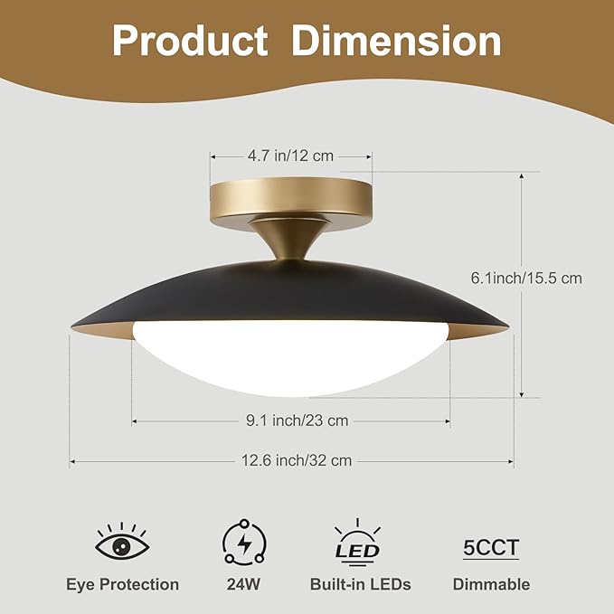 Dimmable Modern Mid-Century Ceiling Light, Black and Gold LED Semi Flush Mount Ceiling Light, 5CCT 2700K-6000K Lighting Fixture Ceiling Lamp with Glass Shade for Bedroom Hallway Kitchen, 12.6in