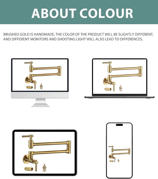 Gold Pot Filler Faucet, Wall Mount Copper Folding Faucet 2 Handle with Double Joint Swing Arms, Single Hole Brass Kitchen Faucet Over Stove