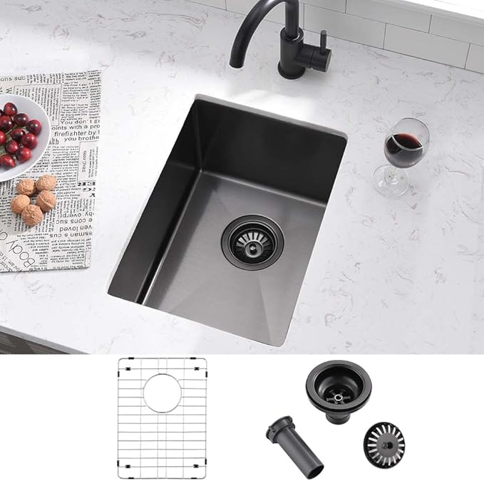 12 Inch Undermount Black Bar Sink -Wesliv 12x16 Small Kitchen Sink Under Mount Outdoor Rv Sink 16 Gauge Stainless Steel Wet Bar Sinks with Bottom Grid&Drain
