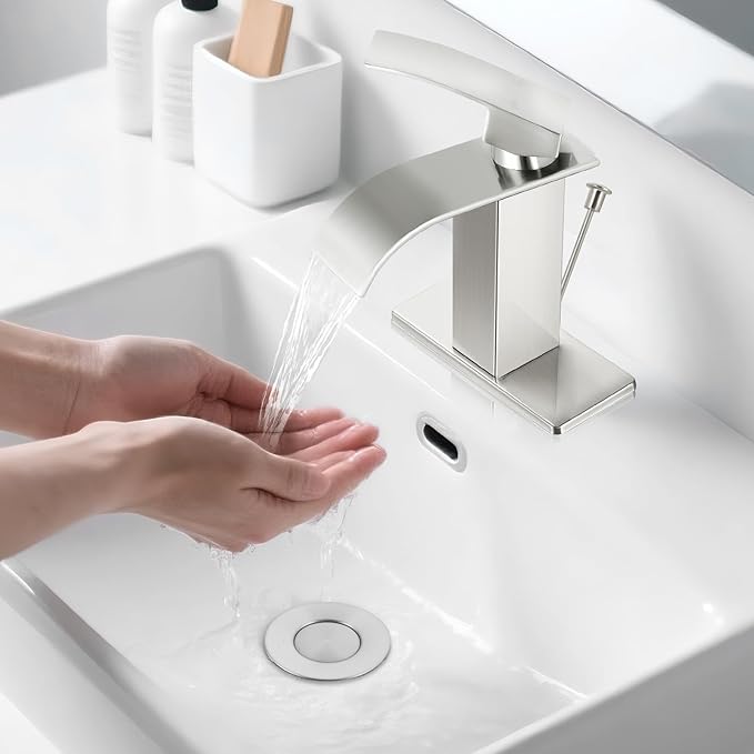 Brushed Nickel Bathroom Faucet with Lift Rod Drain, Waterfall Bathroom Sink Faucet Modern Single Handle Bathroom Faucte 1 or 3 Hole, RV Mixer Tap Vanity Faucet Washbasin Faucet with Deck