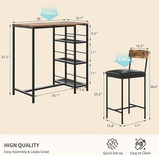 3-Piece Modern Dining Set, Dining Table Set with 2 Upholstered Bar Stools,Bar Table Set w/ Metal Frame&Built-in Wine Rack for Kitchen Dining Room Apartment Breakfast Nook 36"Lx 16.7"W x 37.2"H Retro