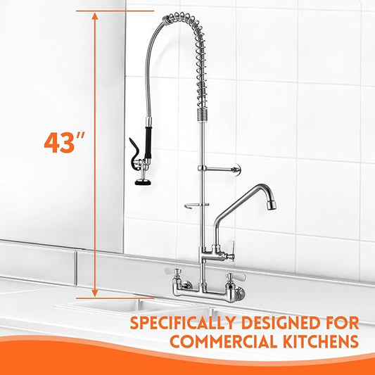 43" Height Commercial Kitchen Sink Faucet Wall Mount with Pre-Rinse Sprayer, 8 inch Center Wall Mount Faucet with Spring Pull Down Sprayer and 12" Add-on Spout for Restaurant