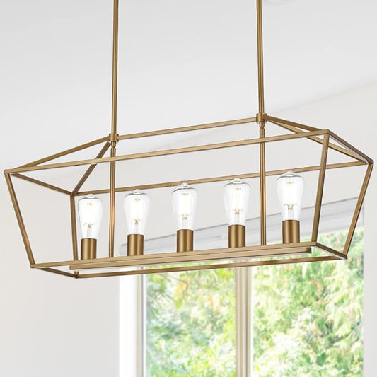 VINLUZ 5 Light Modern Kitchen Island Light in Gold Finish,Industrial Hanging Pendant Lighting Fixture with Metal Frame Linear Lantern Chandelier for Dining Room Foyer Cafe Bar