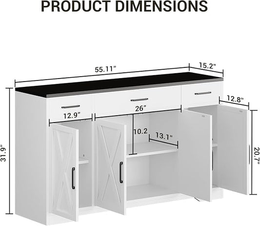 55" Sideboard with Storage Kitchen Storage Cabinet with 3 Drawers, Modern Large Wood Farmhouse Buffet Cabinet TV Stand Coffee Bar for Living Room Hallway