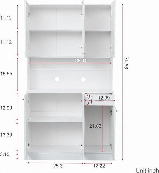 71" Tall Kitchen Pantry Cabinet,Sideboard Buffet Cabinet with 6 Doors and Shelves,Kitchen Island with Microwave Stand,Kitchen Hutch Storage Cabinet with 1 Drawer for Kitchen,Kitchen Cabinet (White)
