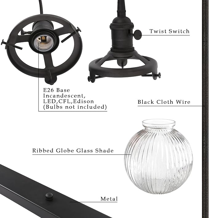 Phansthy Kitchen Island Lighting, 3 Lights Linear Chandeliers, Hanging Light with 5.9" Globe Striped Glass Shade, 3-Light Pendant Light Fixtures for Dining Room Farmhouse (Black, Long Base)