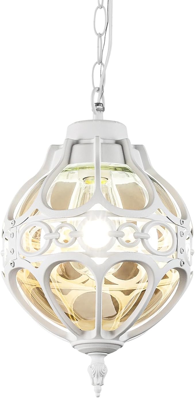 Retro Globe Outdoor Pendant Lights, White Aluminum Waterproof Hanging Light Fixture for Porch Entryway Hallway, Vintage Round Exterior Chandelier, Outside Pendant Lamp with Amber Glass