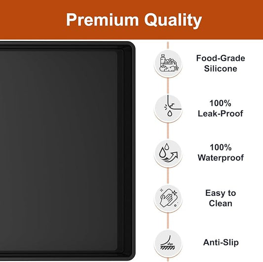 ukeetap Extra Thick Silicone Mat Waterproof with Raised Edge 19โ x 12โ, BPA Free Non-Slip Dog & Cat Food Mat, Feeding Mat for Food and Water Bowls, Spill Proof Mat to Protect Floors, Black