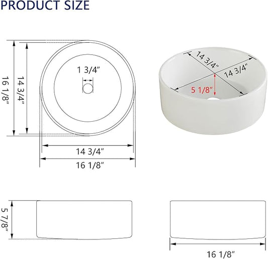 DeerValley DV-1V063 Symmetry White Circular Bowl Bathroom Vessel Sink and Modern Above Counter Porcelain Ceramic Vessel Vanity Sink Art Basin 16"x16"- Round