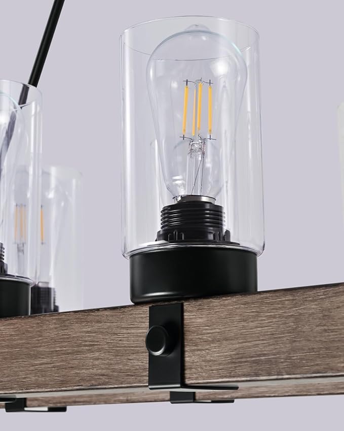 8-Light Wooden Island Pendant with Clear Glass Shades Rustic Linear Pendant Light Ideal for Kitchens, Dining Rooms, and Bars