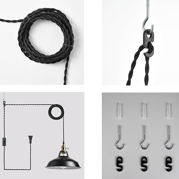 YUBOLE Industrial Hanging Lights with Plug in Cord, Black Barn Pendant Light with Switch for Kitchen Bedroom Bar Reataurant Cafe Loft