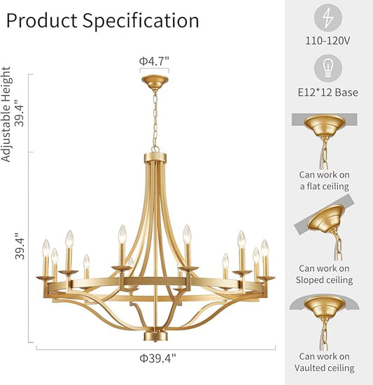 WUZUPS 12-Light Wagon Wheel Metal Candle Chandelier Round Pendant Ceiling Lighting Rustic Farmhouse Fixture Kitchen Island Dining Room, H 39.4" W10, E12 Base, Gold