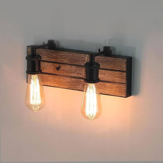 LOG BARN Farmhouse Bathroom Light Fixtures, 2 Light Vanity Lights for Bathroom, 13.8-Inch Rustic Faux Wood Bathroom Lighting Lights Over Mirror