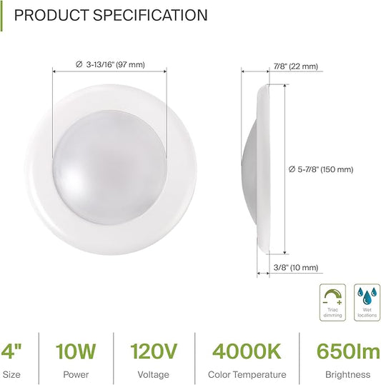 ASD 12 Pack LED Disk Lights 4 Inch, 10W 4000K Cool White 650LM CRI90+, Dimmable Flush Mount Ceiling Light Fixture, Low Profile Surface Mount Disc, Junction Box or Recessed Can Install, ETL