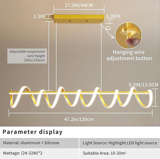 Modern Design Dimmable Desk Linear Pendant Light, with Remote Control Dimmable 3 Color Mode & Brightness Ceiling Lamp, Anti-Flicker Dining Light Fixture for Kitchen(47IN,Gold)