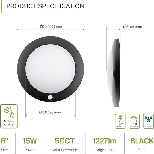 ASD 6 Inch Motion Sensor LED Disk Lights - 15W 120V 2700-5000K Black Dimmable Flush Mount Ceiling Light Fixture, Low Profile Surface Mount Disc Lights, Junction Box & Can, ETL, Energy Star