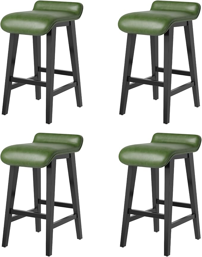 IDEALHOUSE 26.2" Solid Wood Bar Stools Set of 4, Counter Height Bar Stools with Wide PU Leather Upholstered Seat, Barstools Set for Kitchen Islands, Counter Bars, Green
