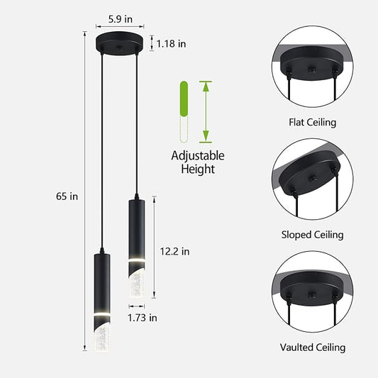 Modern Dimmable Led Pendant Lights Kitchen Island, Ideal for Living Room, Bedroom,Sink 12w LED Crystal Energy-Saving Hanging Lamp for Cozy Lighting (Black 2 Light)