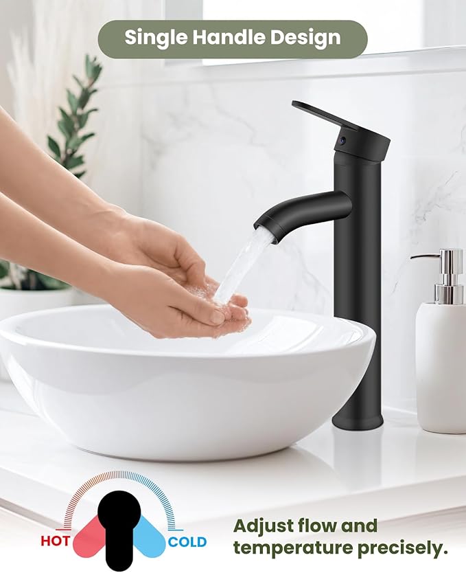gotonovo Vessel Sink Faucet Modern Tall Bathroom Faucet Single Handle One Hole Stainless Steel Vanity Lavatory Rv Bowl Basin Mixer Tap with Supply Lines and Metal Pop Up Drain, Matte Black