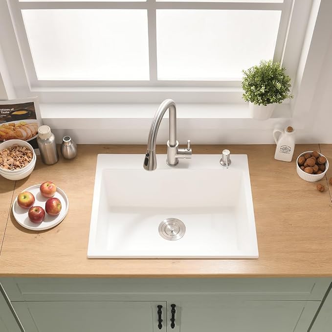24 Drop in Kitchen Sink, 24x19 Inch Single Bowl White Granite Composite Quartz Topmount Outdoor Kitchen Sink RV Basin with Small Rubber Squeegee