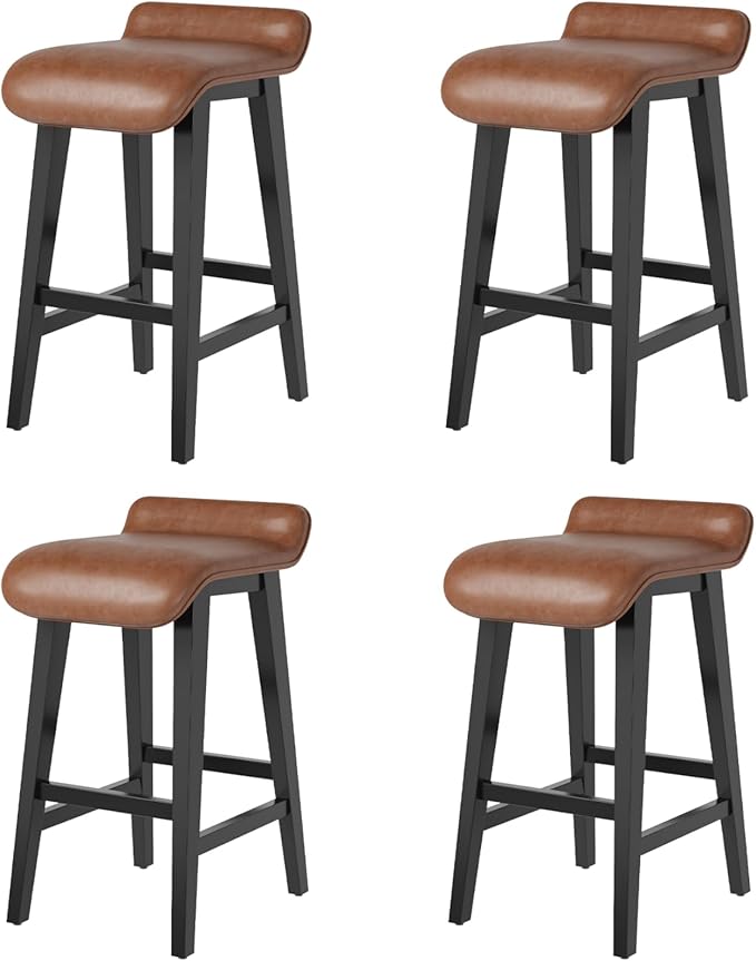 IDEALHOUSE 26.2" Solid Wood Bar Stools Set of 4, Counter Height Bar Stools with Wide PU Leather Upholstered Seat, Barstools Set for Kitchen Islands, Counter Bars, Brown