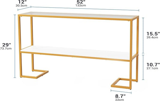 Furnify Console Sofa Table, 52" Modern Entryway Table, 2-Tier Open Shelf with Tempered Glass, Metal Frame Behind Couch Table with Gold Metal Frame for Living Room Hallway Entrance, White