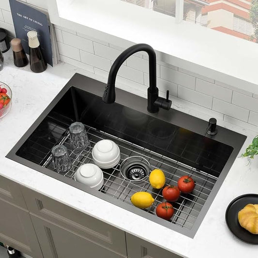 30 Black Kitchen Sink Drop In- Wesliv 30x18 Drop In Black Stainless Steel Kitchen Sink Single Bowl Overmount Deep Sinks with Bottom Rinse Grid&Soap Dispenser