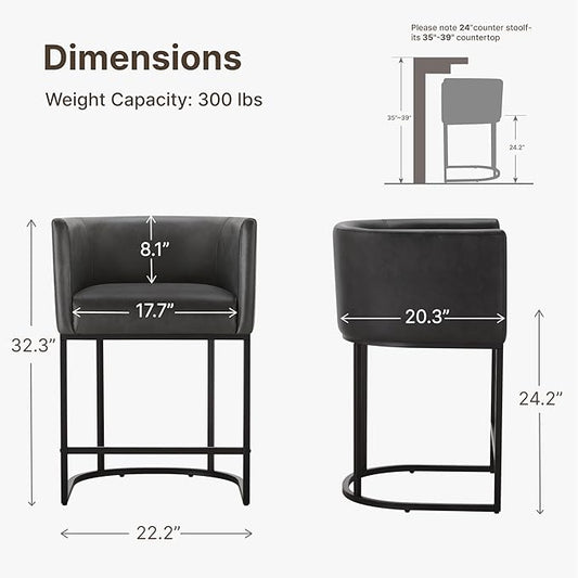 24" Counter Height Bar Stools Set of 4, Modern Barrel Counter Stools with Backrest and Arms, Faux Leather Upholstered Accent Barstools with Metal Legs for Kitchen Island,Black