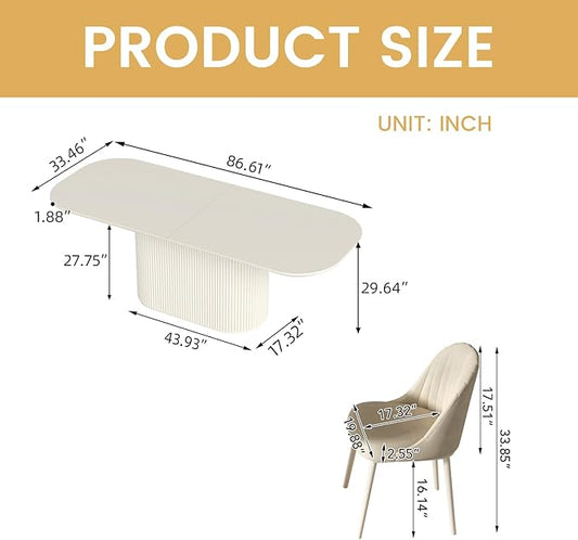 86.61" Oval Dining Table Set for 8, Modern Dining Room Table Set with 8 Dining Chairs, 9 Pieces Kitchen Tables with Oval Pedestal for Kitchen, Living Room, Cream White Dinner Tables