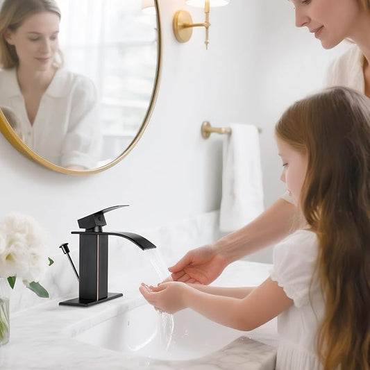 ORB Bathroom Faucet with Lift Rod Drain, Waterfall Bathroom Sink Faucet Modern Single Handle Bathroom Faucte 1 or 3 Hole, RV Mixer Tap Vanity Faucet Washbasin Faucet with Deck