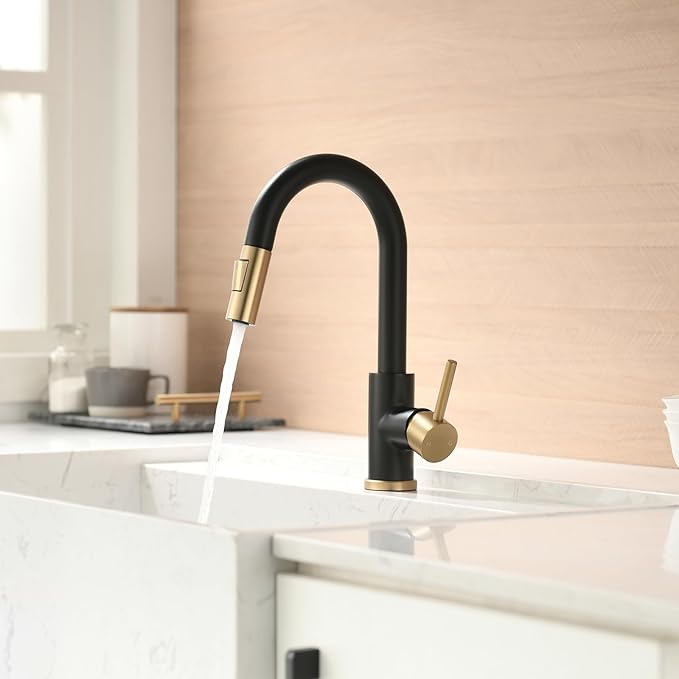 CENOSA Modern Bar Sink Faucet for Kitchen Sink Single Handle with Pull Out Sprayer Hot and Cold Prep Sink Faucet Black and Gold