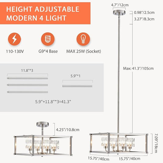 4-Light Farmhouse Chandelier for Dining Room, Modern Brushed Nickel Light Fixture,Pendant Light for Kitchen, Living Room, Hallway, Bedroom, Foyer, Stylish Home Décor