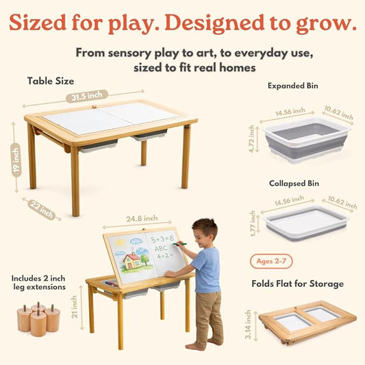 Montessori Sensory Table & Art Easel for Kids & Toddlers | Folding Extendable Legs & Storage Bins, Magnetic Boards & Tiles, Light Box Included | Space-Saving Indoor/Outdoor Play