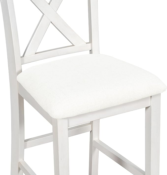 VilroCaz Farmhouse 5-Piece Dining Set, Compact Bar Pub Table With 3-Tier Shelf, Wooden Counter Height Table for 4, Perfect for Small Kitchen Dining Room (White-4 Chairs)