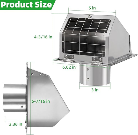 3 Inch Dryer Vent Cover Outside with Mesh and Damper,304 Stainless Steel Wall Vent Exhaust Vent Cover,3" Metal Dryer Vent Cover,Exterior Dryer Vent Hood Cap for Laundry Dryer Range Hood AC Air Vent