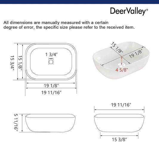 DeerValley Prism 19x15 Inch Rectangular Vessel Sink, White Porcelain Ceramic Above Counter Bathroom Basin, DV-1V432
