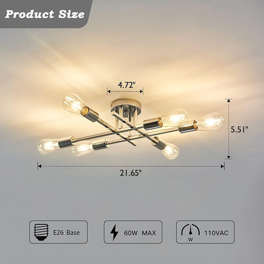 ZGLAOJT 6-Lights Semi Flush Mount Ceiling Light Fixture,Chrome Industrial Chandelier,Farmhouse Lighting for Dining Room Living Room Kitchen Bedroom