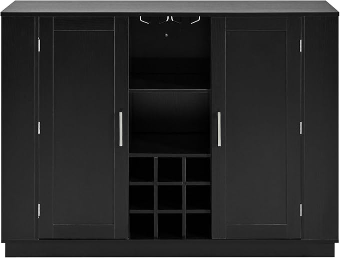 47.2" Kitchen Island with Drop Leaf & Power Outlet, Wine Bar with Bottle Rack & Glass Holder, 2-Door Buffet Sideboard with Side Shelves for Dining Room (Black-85R)