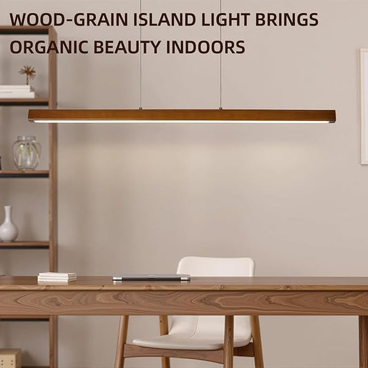 59'' Wood Linear Pendant Light,Dimmable Kitchen Island Lighting with Remote,28W LED Island Lights for Kitchen,inear Chandelier for Dinning Room Light Fixture,Pool Table Light Walnut