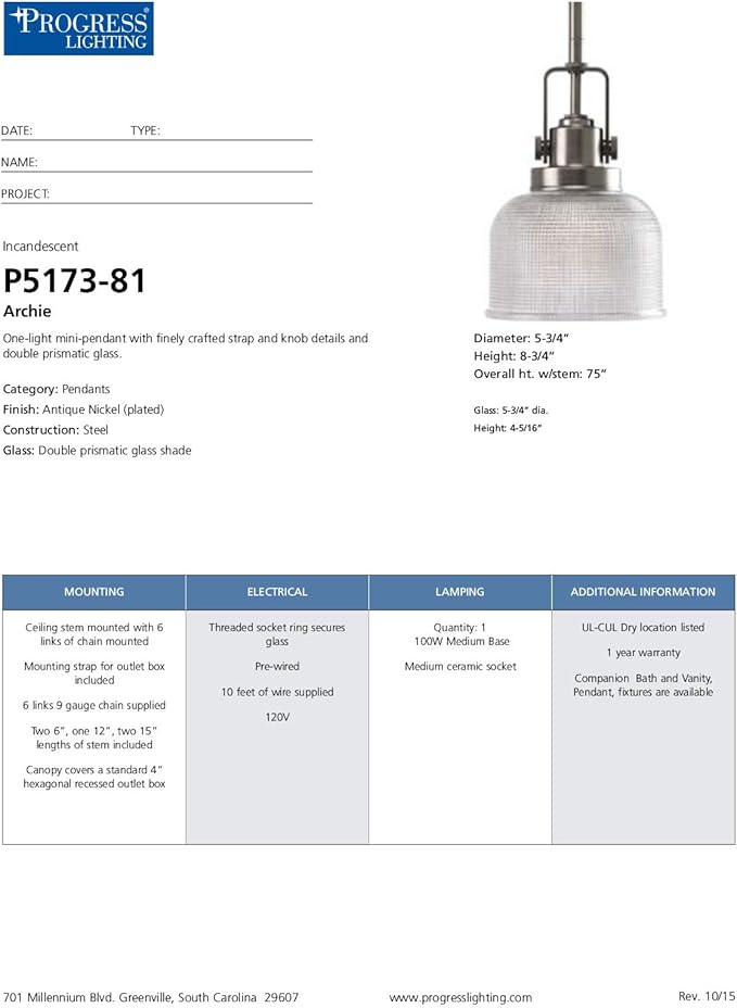 Progress Lighting P5173-81 Archie-One Light Pendant, Antique Nickel Finish with Prismatic Glass